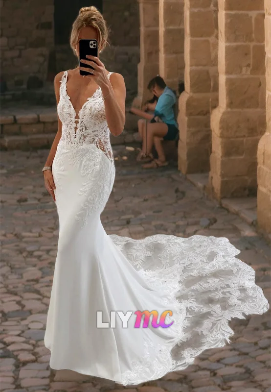 V-Neck Sleeveless Appliques Mermaid Wedding Dress