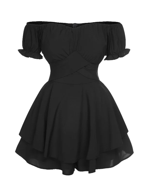 Black 1950s Off Shoulder Ruffle Sleeves Romper