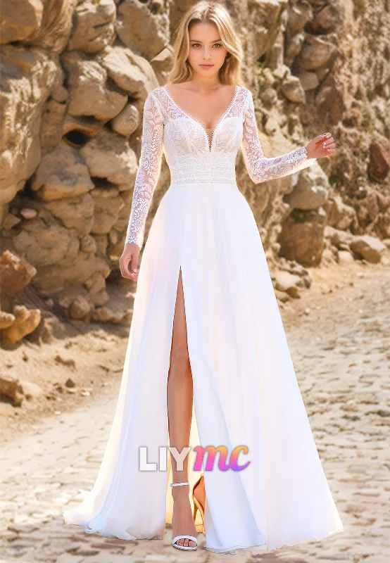 V-Neck Long Sleeves Appliques A-Line Beach Wedding Dress