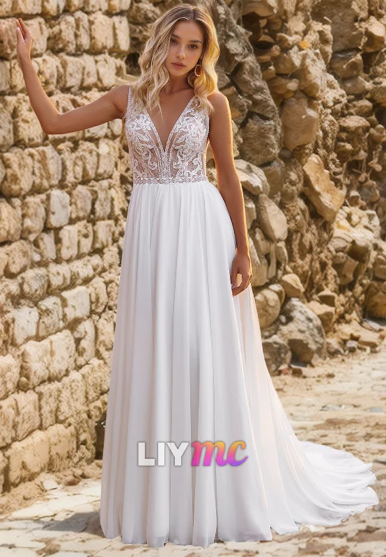 V-Neck Sleeveless Appliques A-LIne Beach Wedding Dress