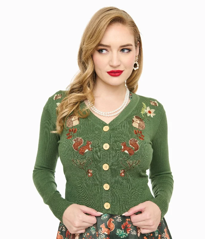 Voodoo Vixen 1950s Green Woodland Embroidered Cardigan