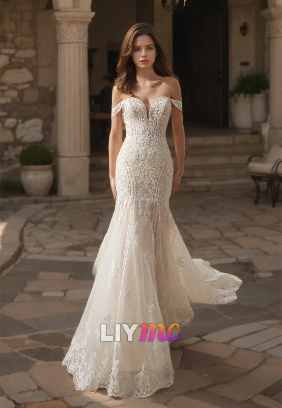 V-Neck Puff Sleeves Appliques Mermaid Wedding Dress