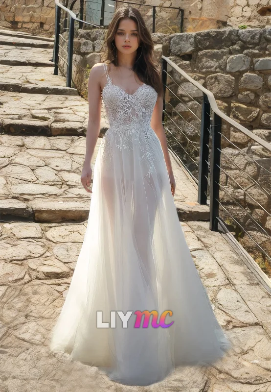 Sweetheart Spaghetti Straps Appliques Tulle Sheer A-Line Beach Wedding Dress