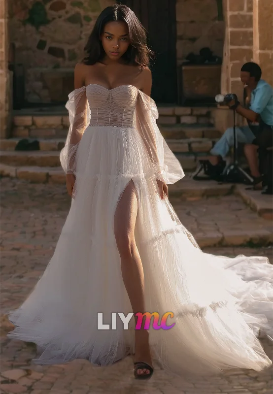 Off-Shoulder Long Sleeves Tulle A-Line Beach Wedding Dress