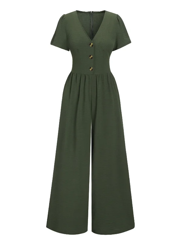 Green 1940s V-Neck Solid Jumpsuit