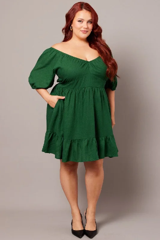 Green Tiered Mini Dress Shirred Back With Pockets