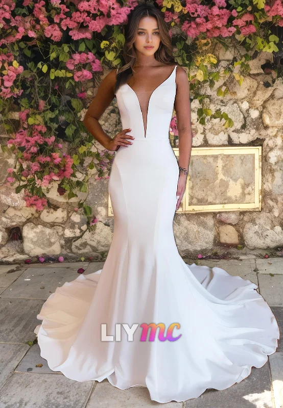 V-Neck Sleeveless Open Back Mermaid Beach Wedding Dress