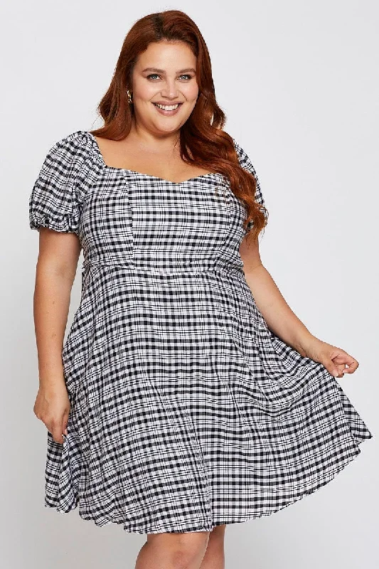 Check Short Bubble Sleeve Skater Dress