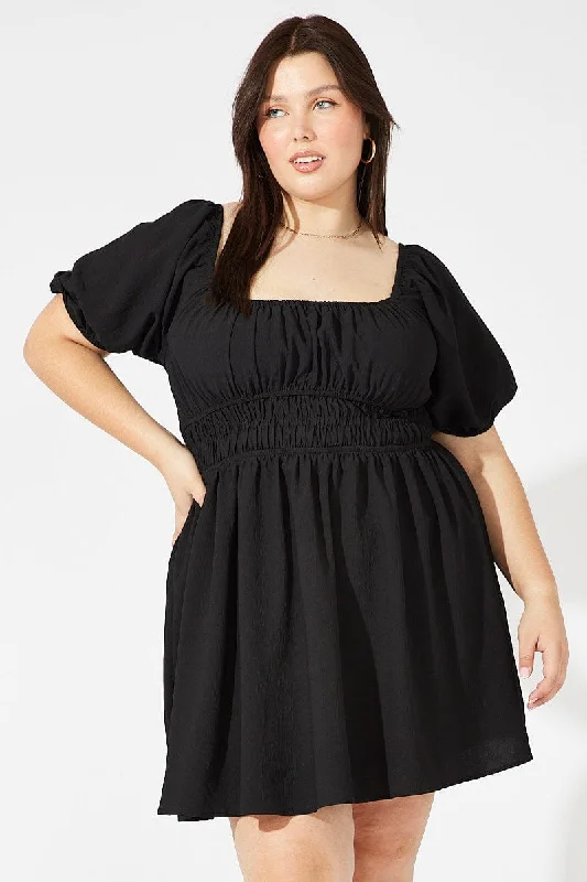 Black Fit And Flare Dress Short Sleeve Shirred Waist