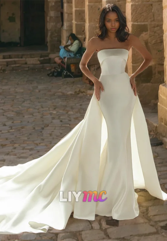 Straight Across Sleeveless Mermaid Sweep Train Wedding Dress