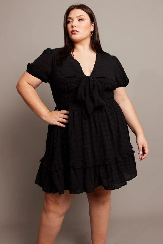 Black Tie Front Textured Frill Hem Minidress