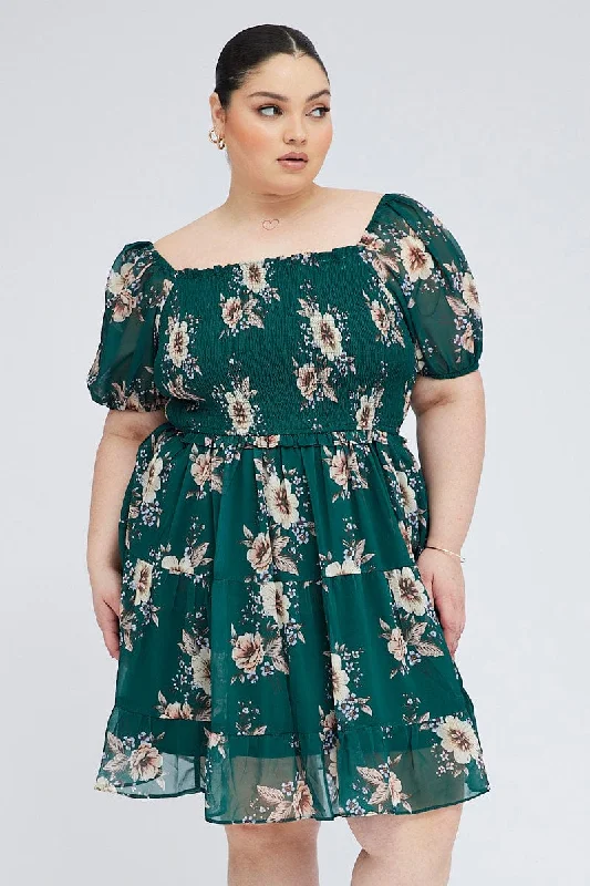 Green Floral Fit And Flare Dress Short Sleeve Shirred