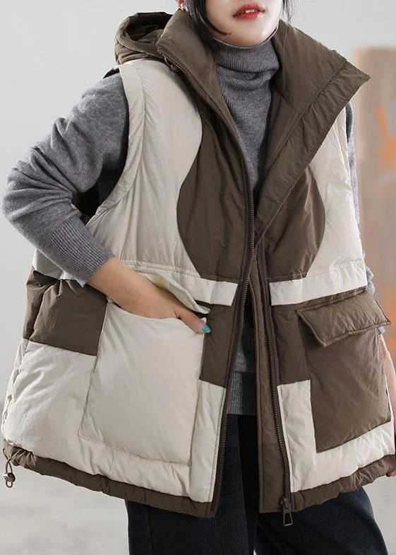 DIY Beige Zip Up Patchwork Sleeveless Duck Down vest