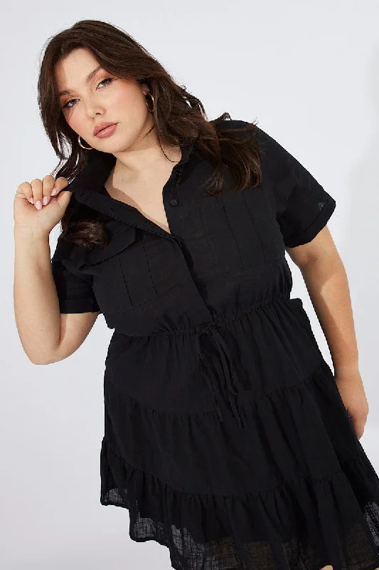 Black Cargo Shirtdress Short Sleeve Cotton Mini