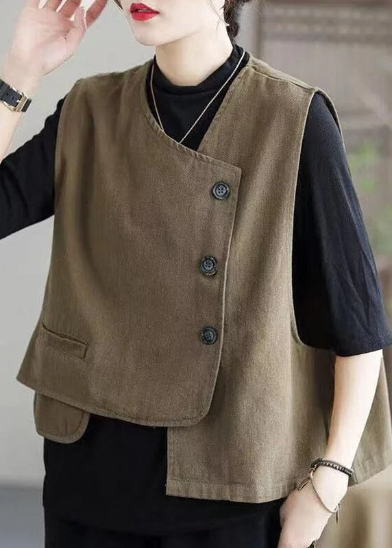 Classy Khaki retro Button asymmetrical design Fall Sleeveless waistcoat