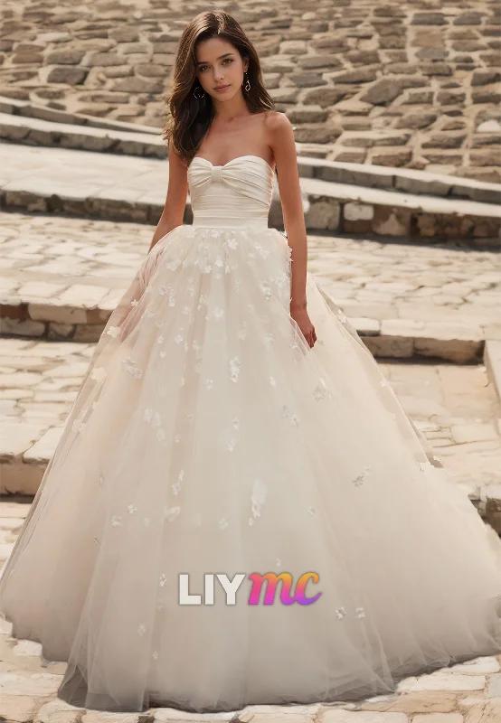 Sweetheart Strapless Floral Embellished Tulle Ball Gown Wedding Dress