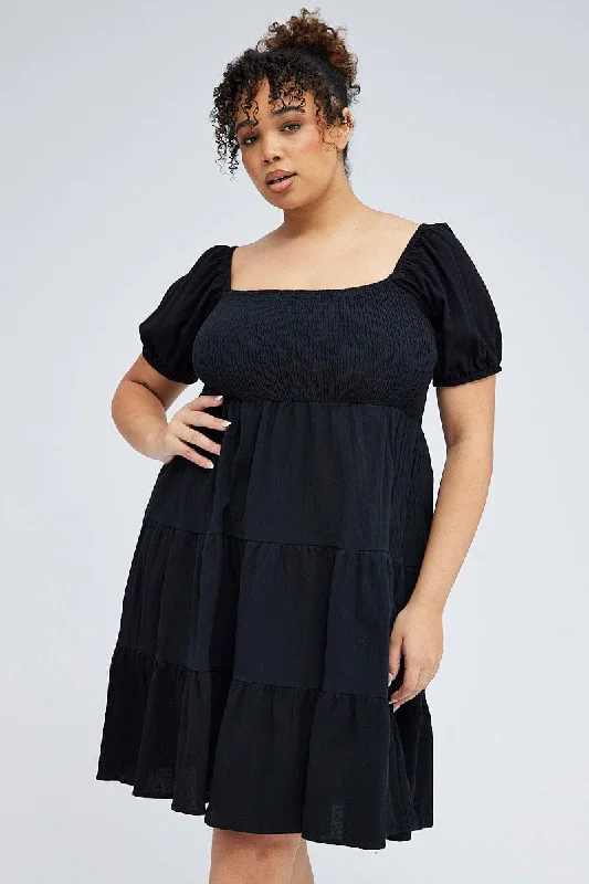 Black Mini Dress Tiered Shirred Bust Puff Sleeve