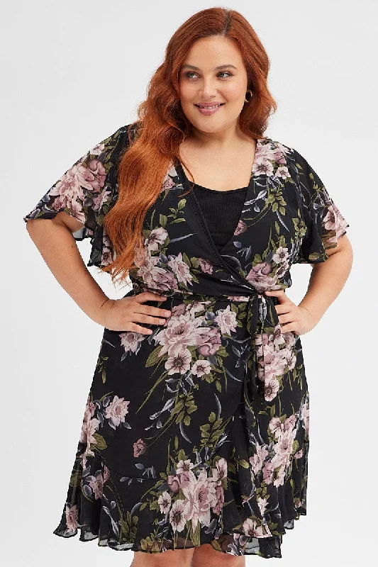 Black Floral Fit And Flare Dress Short Sleeve Wrap