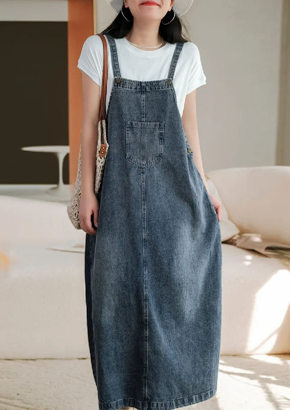 Summer Retro Washed Solid Spliced Denim Vest Dress