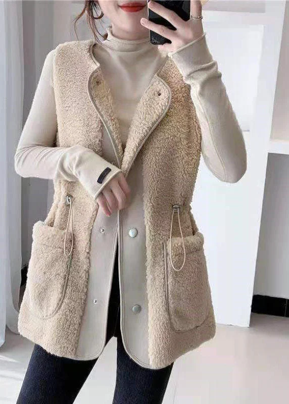 Loose Apricot drawstring Faux Fur Winter waistcoat