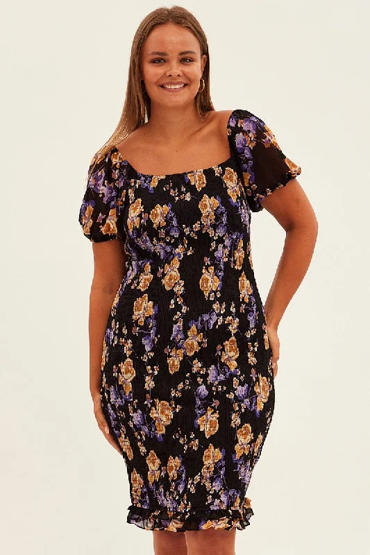 Black Floral Bodycon Dress Short Sleeve Off Shoulder Shirred