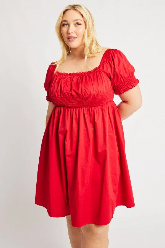 Red Shirred Waist Cotton Poplin Minidress