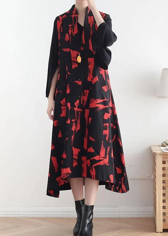 Classy Mulberry Print Peter Pan Collar Button Waistcoat Long Dress Fall Cotton Dress