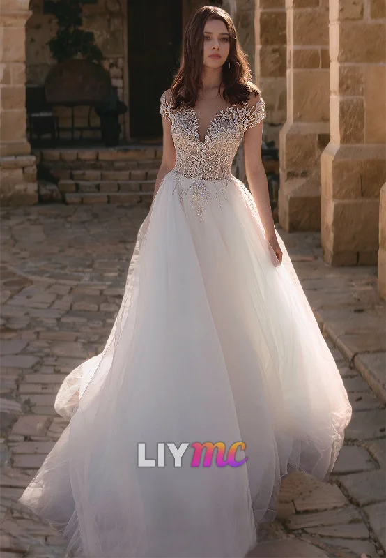 V-Neck Sleeves Appliques Tulle A-Line Ball Gown Wedding Dress