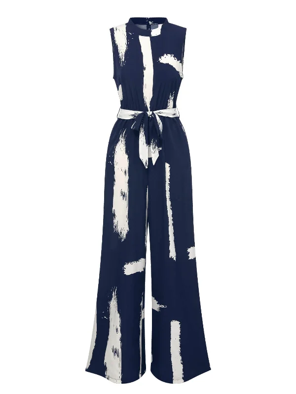 Dark Blue 1940s Brush Print Jumpsuit With Belt