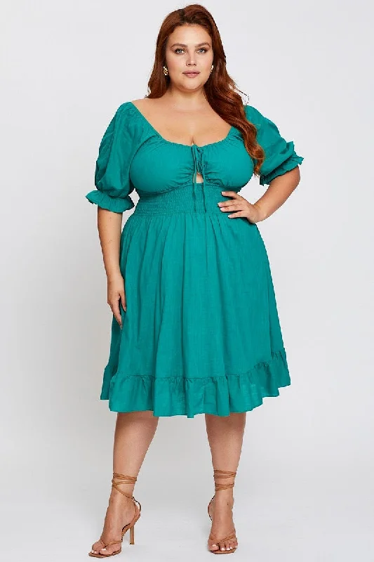 Green Short Puff Sleeve Peephole Skater Dress