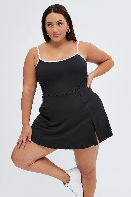 Black Tennis Dress With Inbuilt Shorts Jersey Contrast