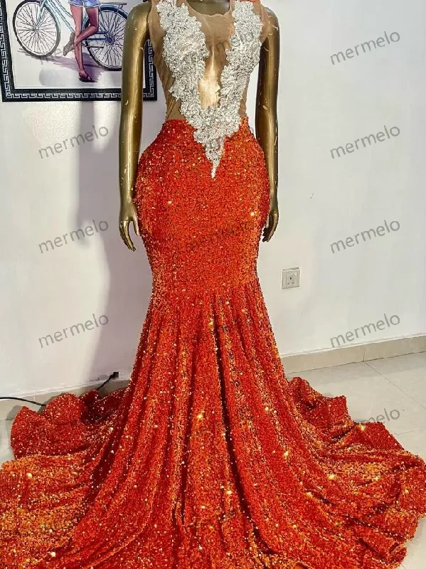 Orange Velvet Sequins Long Evening Formal Dress for Women Luxury Diaomnd customsized Applique Mermaid Black Girl Prom Gala Gown