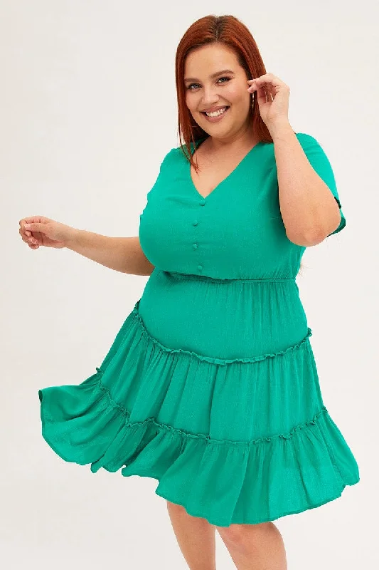 Green Mini Dress Short Sleeve Button Front Crinkle Rayon