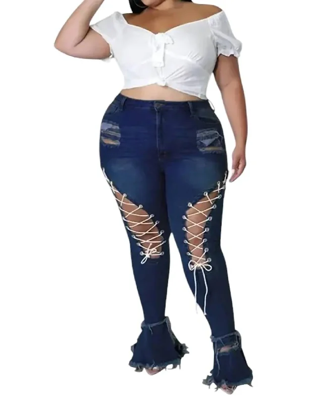 Lace Up Jeans In Dark Blue