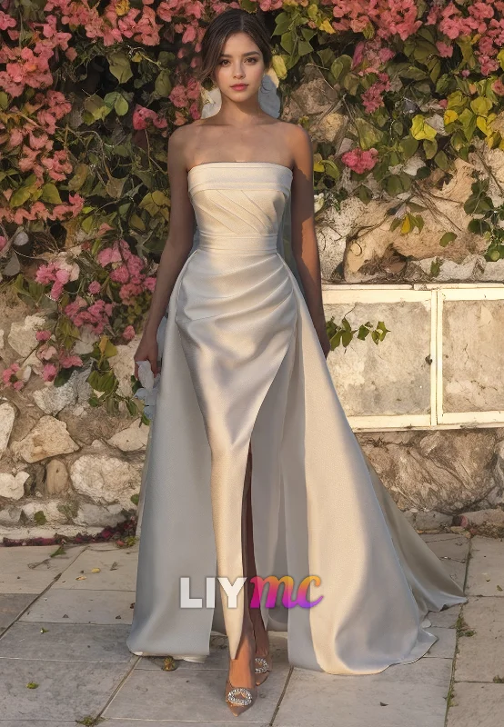 Straight Across Sleeveless Ruched High Slit Beach Wedding Dress