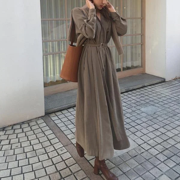 Spring Elegant Long Sleeve Belted Women Dress Straight Loose Vestidos