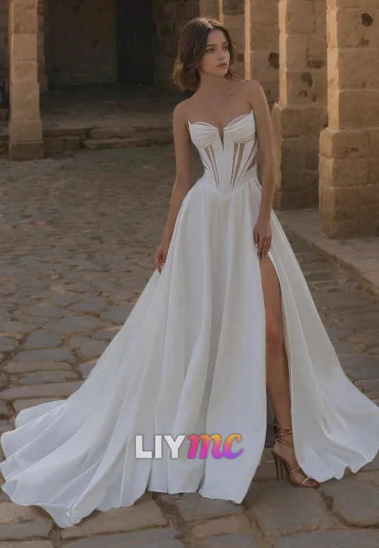 Sweetheart Sleeveless Illusion Pleated A-Line Wedding Dress