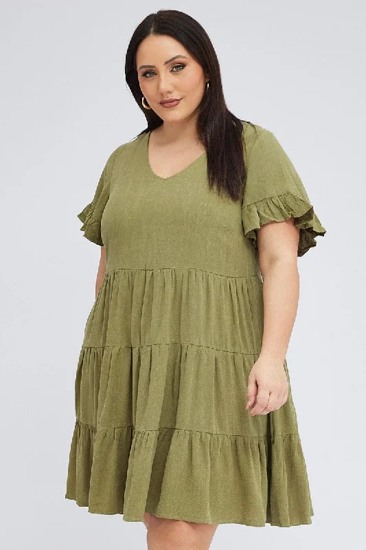 Green Relaxed Dress Short Sleeve V-neck Linen Blend