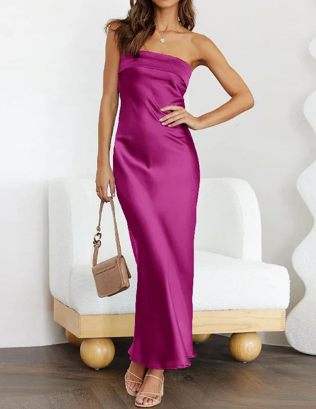 Prom Dress High Quality Strapless Satin Bodycon Backless Maxi Dress Charming Wedding Guest Dresses Formal Wear Dresses