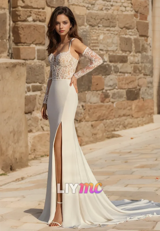 Sweetheart Sleeveless Appliques Sleek Mermaid Beach Wedding Dress