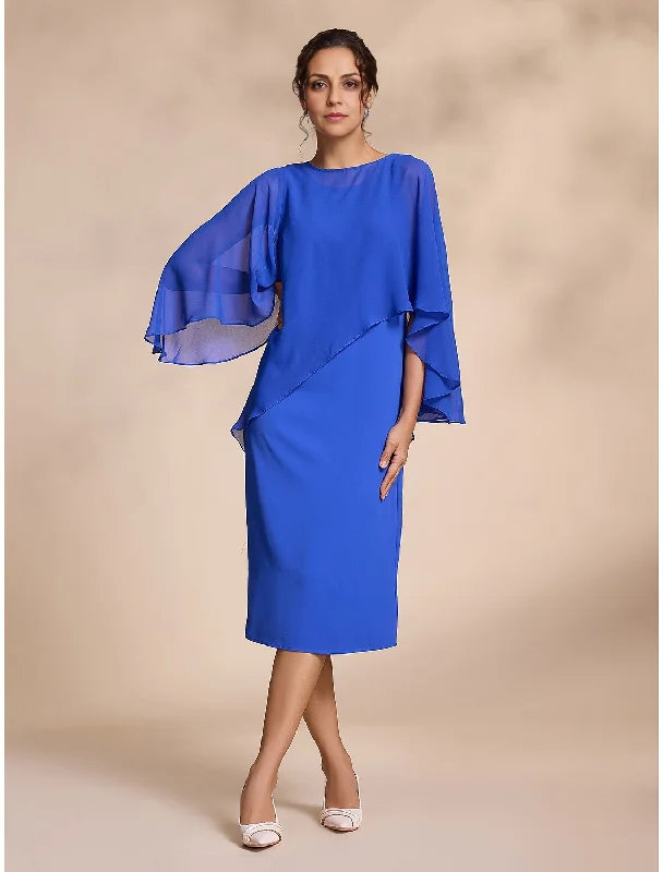 Mother of the Groom / Bride Dress Chiffon Causal Round Sleeve Two Piece Fall November Wedding Guest Dress