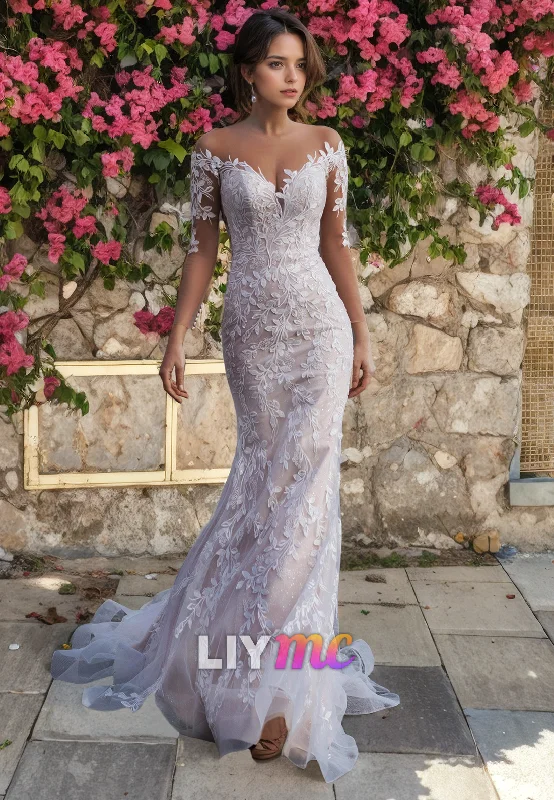 LW325 - Illusion Neckline Long Sleeves Lace Mermaid Wedding Dress