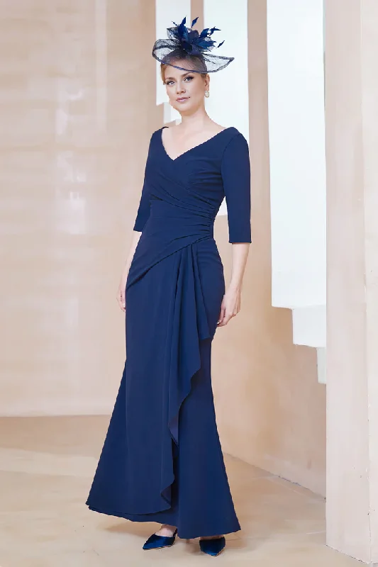 Fall November December Wedding Guest Dress Formal  V-Neck Half Sleeve Pleated Ruffles Long Dress Elegant Mother of the Groom / Bride Dresses