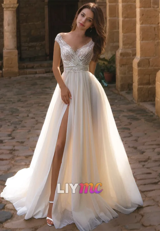 V-Neck Sleeveless Sequins Tulle A-Line Wedding Dress