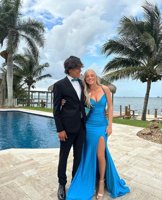 Blue Elegant Mermaid Slit Prom Dress Long Evening Dress