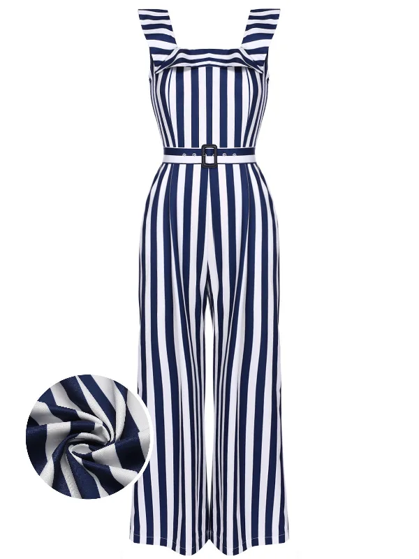 Blue 1930s Striped Ruffle Jumpsuit