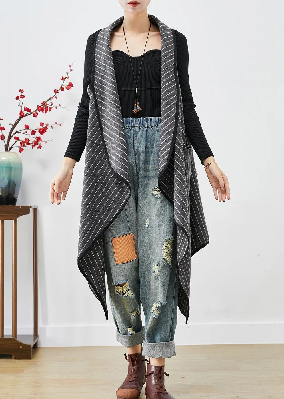 Grey Striped Cotton Long Vest Asymmetrical Oversized Fall