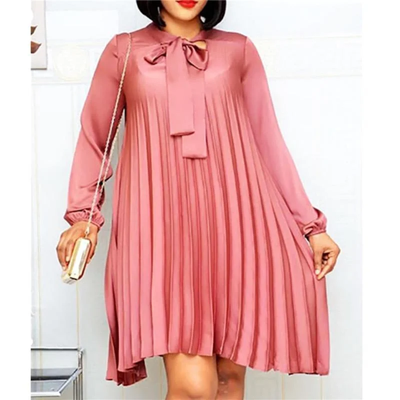 Plus Size Pleated Dresses with BowtieWomen Fashion Summer  Female African Vestidos New