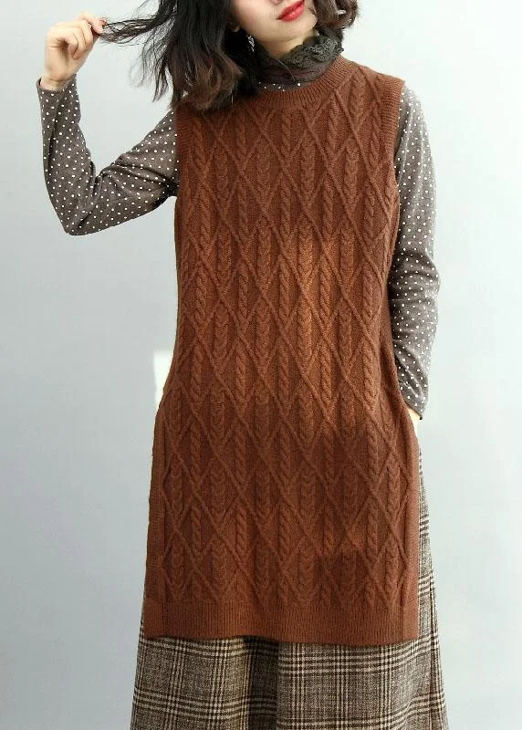 Style Chocolate O-Neck Side Open Fall Knit Vest