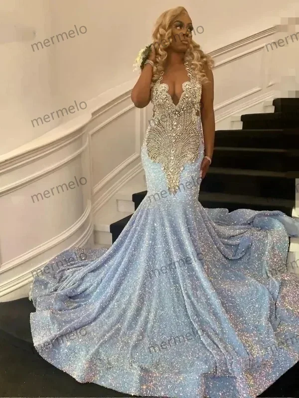 Sparkly Long Prom Dress For Black Girls Mermaid Sheer Sequined Crystals Birthday Party Dresses Women Evening Gown Customized